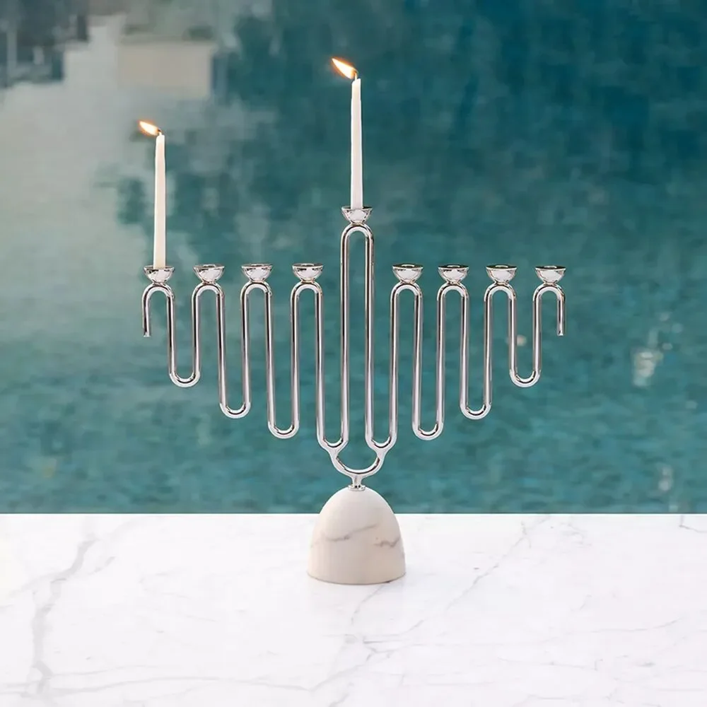 ANNA New York Coluna Silver & Carrara Marble Menorah Modern Hanukkah Holder